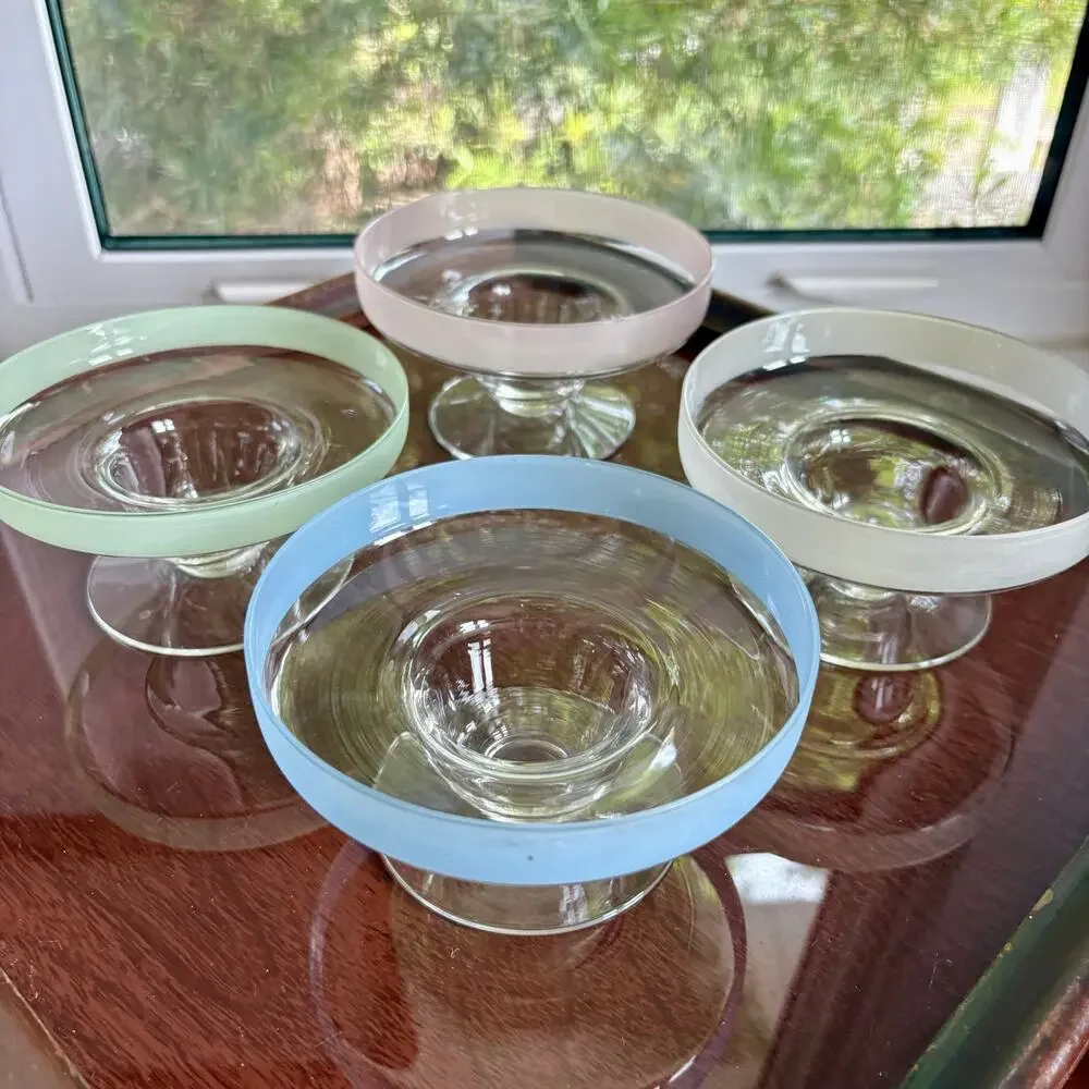 Set of 4 Vintage Pastel Frosted Rim Glass Dessert Bowls